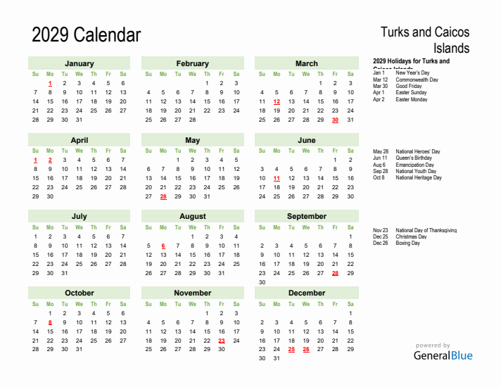 Holiday Calendar 2029 for Turks and Caicos Islands (Sunday Start)