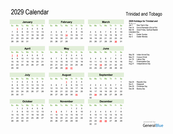 Holiday Calendar 2029 for Trinidad and Tobago (Sunday Start)