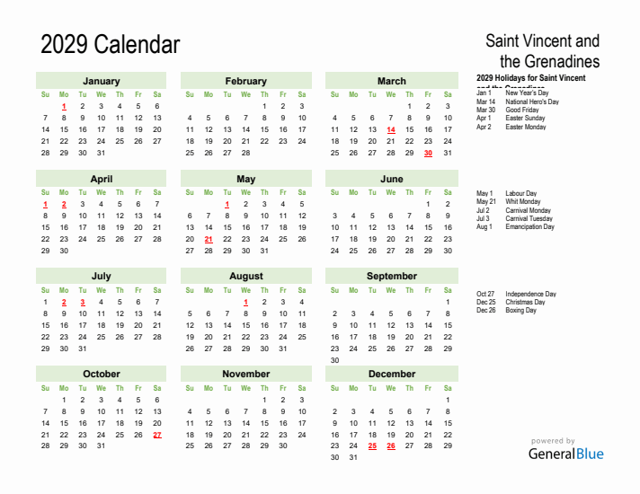 Holiday Calendar 2029 for Saint Vincent and the Grenadines (Sunday Start)