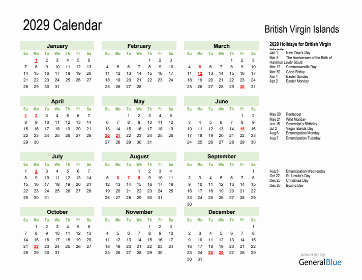 Holiday Calendar 2029 for British Virgin Islands (Sunday Start)