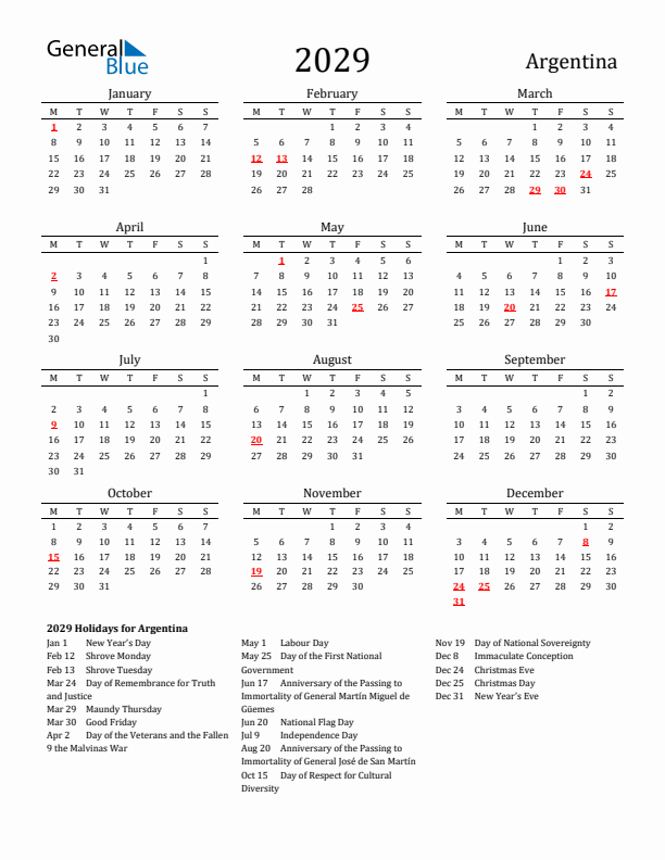 Argentina Holidays Calendar for 2029
