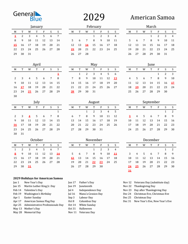 American Samoa Holidays Calendar for 2029