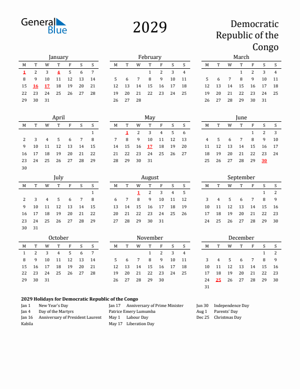 Democratic Republic of the Congo Holidays Calendar for 2029