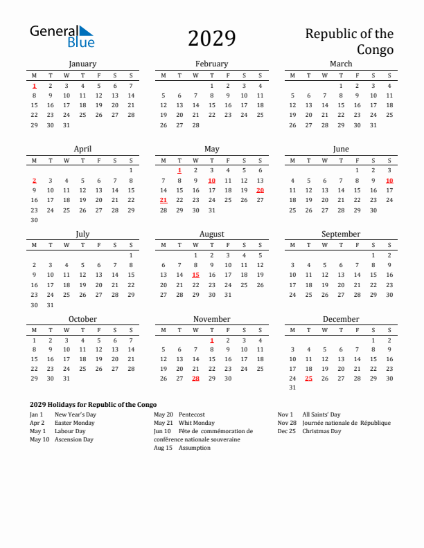 Republic of the Congo Holidays Calendar for 2029