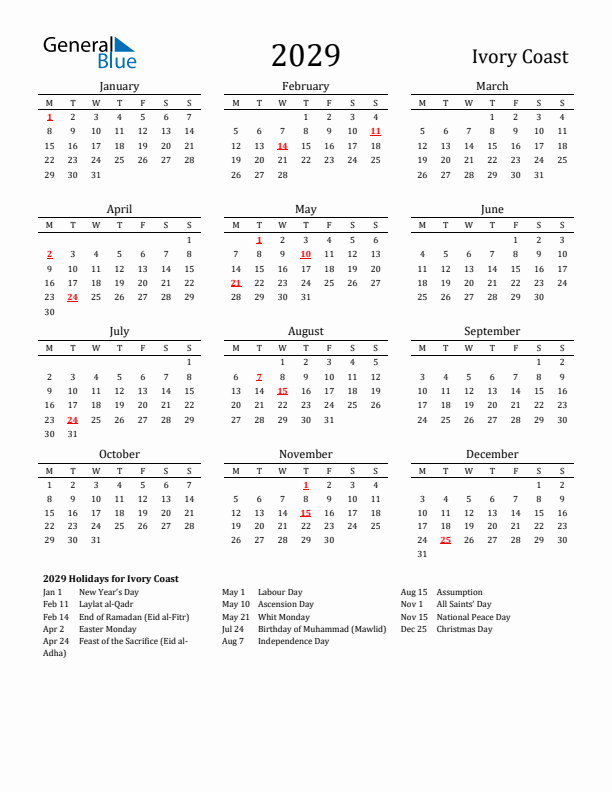Ivory Coast Holidays Calendar for 2029