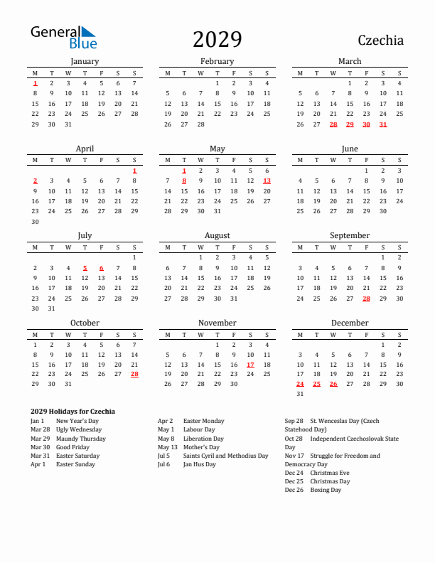 Czechia Holidays Calendar for 2029