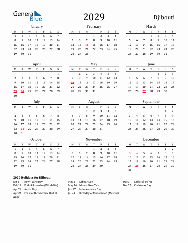 Djibouti Holidays Calendar for 2029