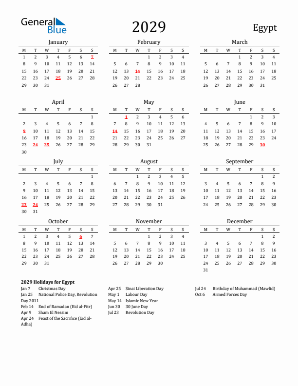 Egypt Holidays Calendar for 2029