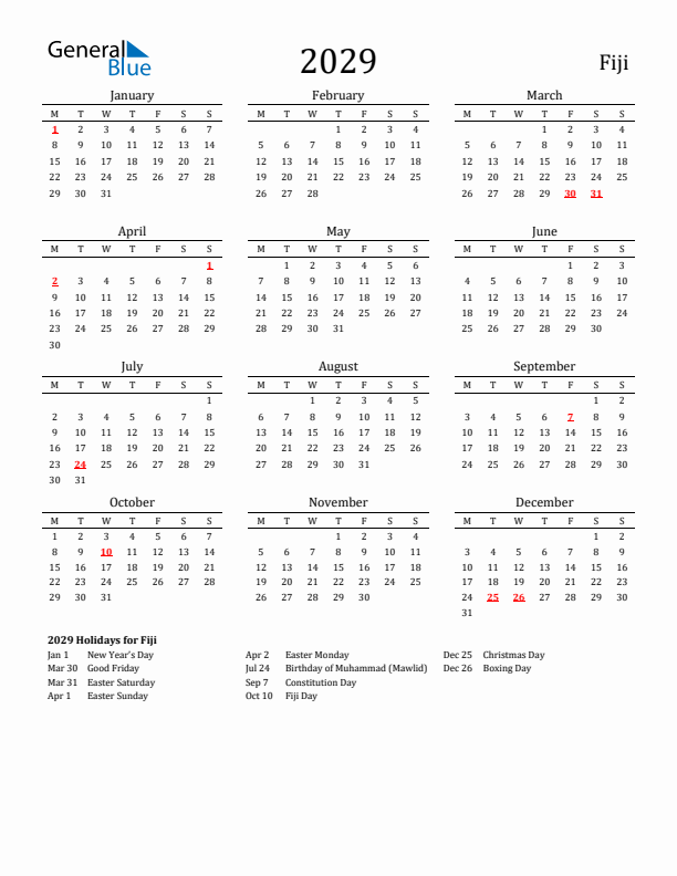 Fiji Holidays Calendar for 2029