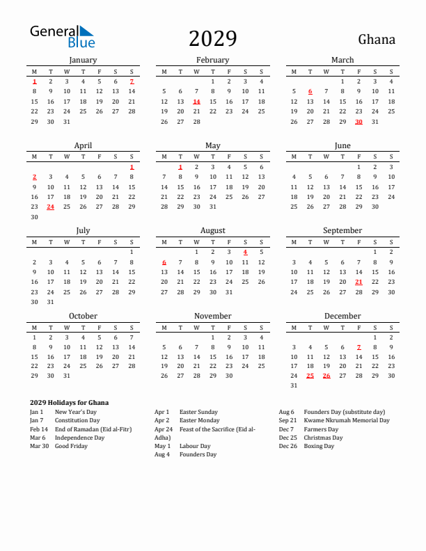 Ghana Holidays Calendar for 2029