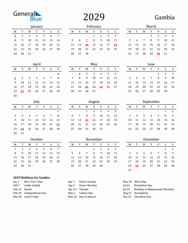 Gambia Holidays Calendar for 2029