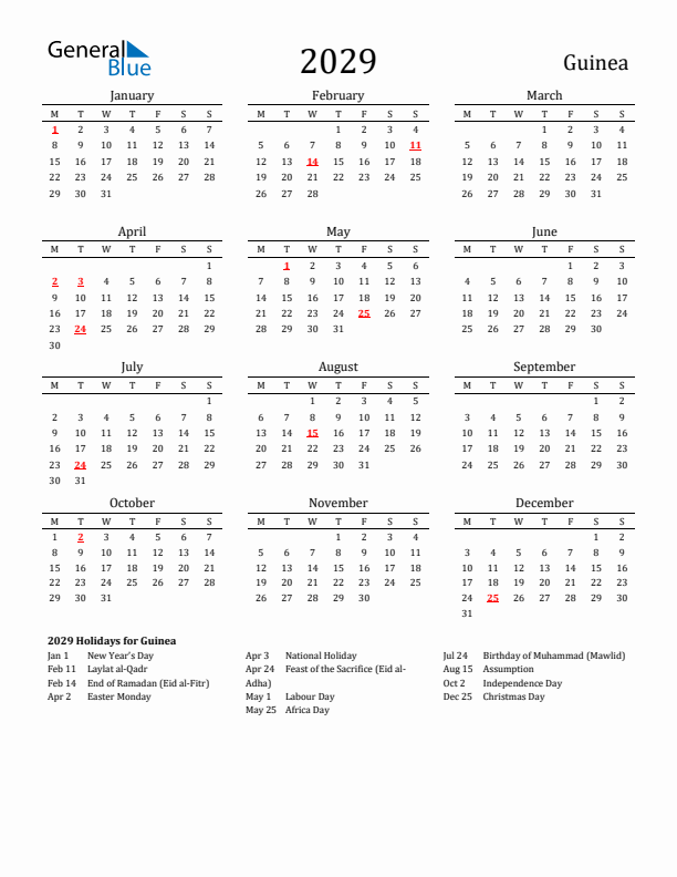 Guinea Holidays Calendar for 2029
