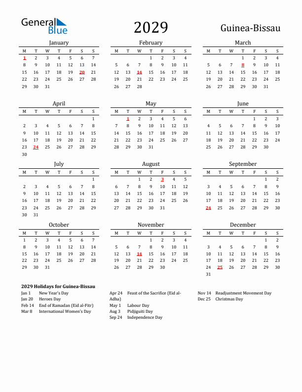 Guinea-Bissau Holidays Calendar for 2029