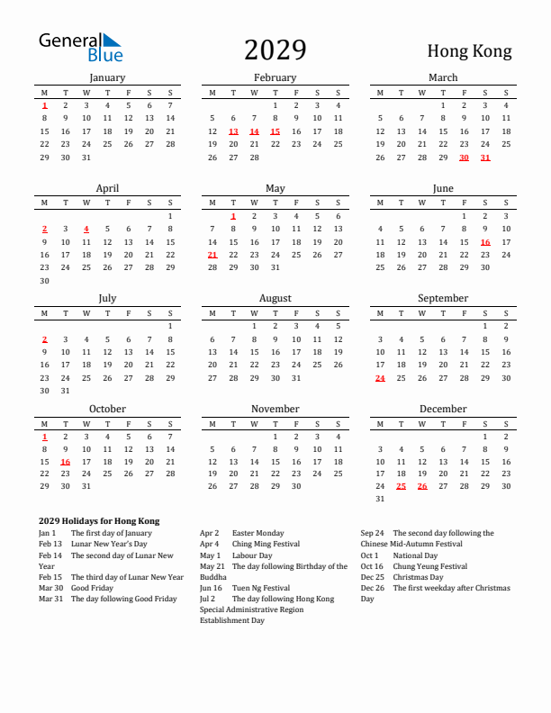 Hong Kong Holidays Calendar for 2029
