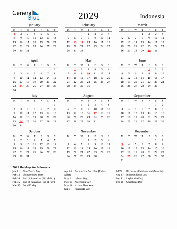 Indonesia Holidays Calendar for 2029