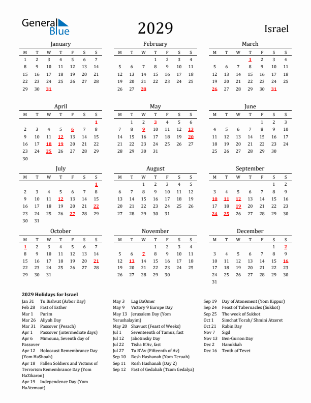 Israel Holidays Calendar for 2029