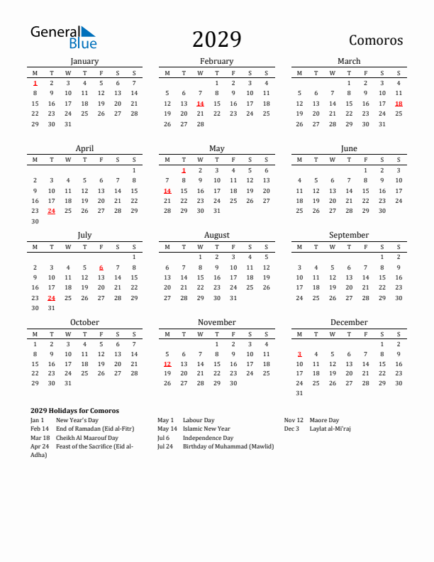 Comoros Holidays Calendar for 2029