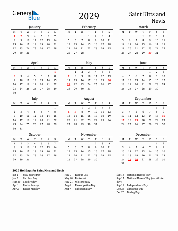 Saint Kitts and Nevis Holidays Calendar for 2029