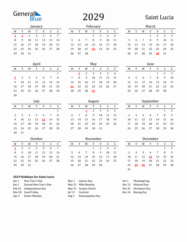Saint Lucia Holidays Calendar for 2029