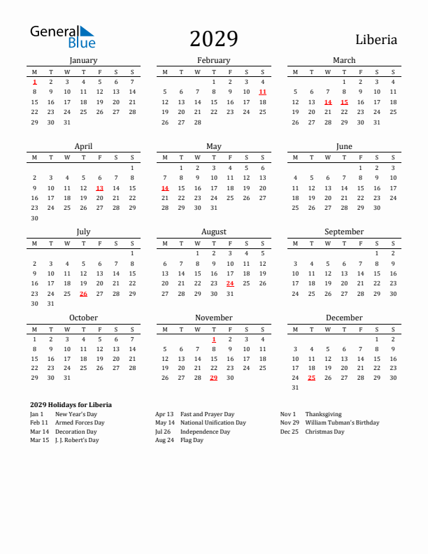 Liberia Holidays Calendar for 2029