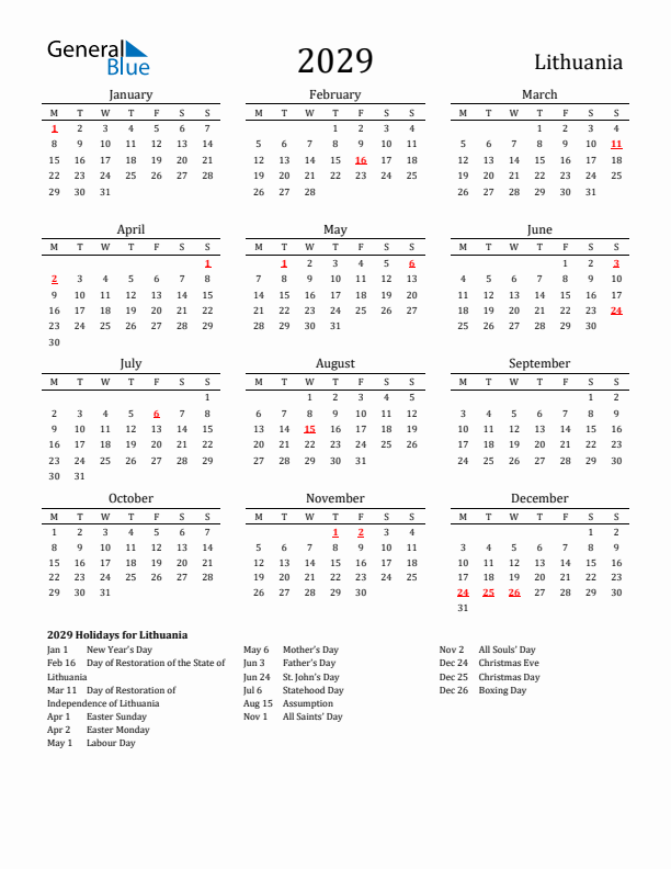 Lithuania Holidays Calendar for 2029