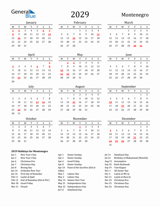 Montenegro Holidays Calendar for 2029