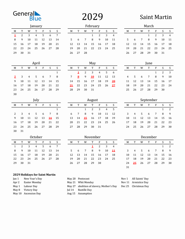 Saint Martin Holidays Calendar for 2029