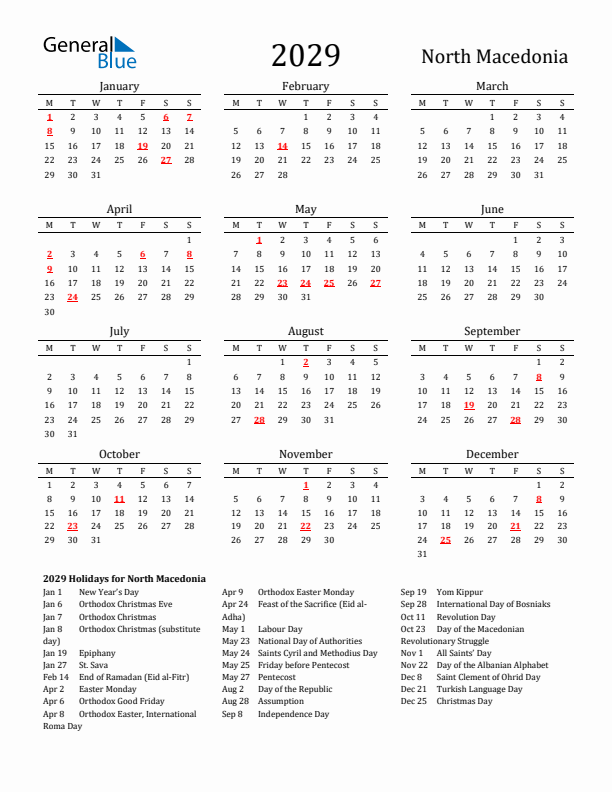 North Macedonia Holidays Calendar for 2029