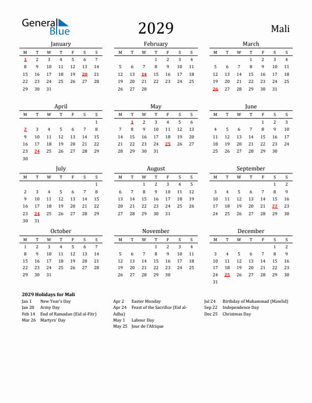 Mali Holidays Calendar for 2029
