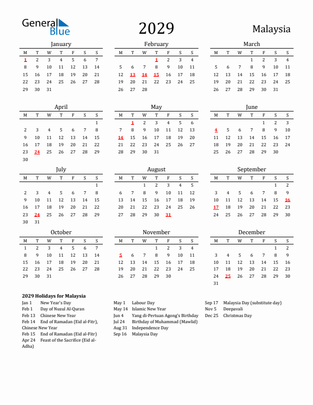 Malaysia Holidays Calendar for 2029