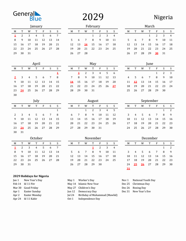Nigeria Holidays Calendar for 2029