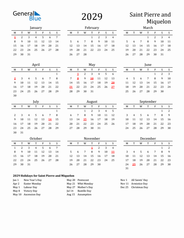 Saint Pierre and Miquelon Holidays Calendar for 2029
