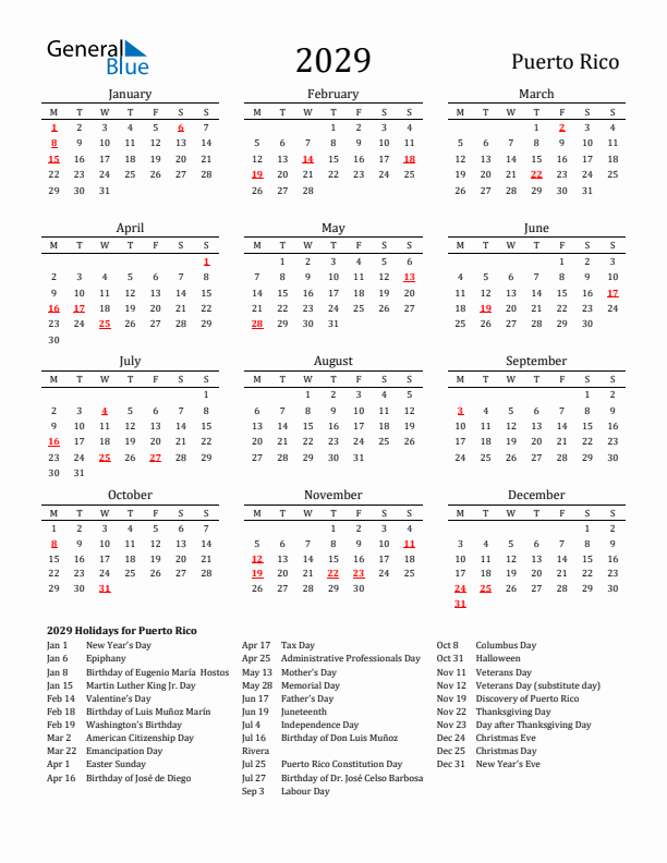 Puerto Rico Holidays Calendar for 2029