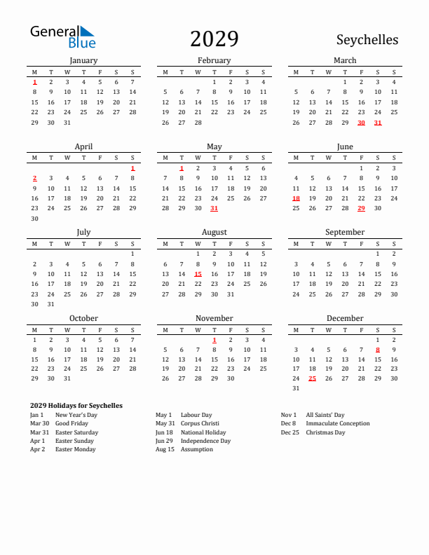 Seychelles Holidays Calendar for 2029