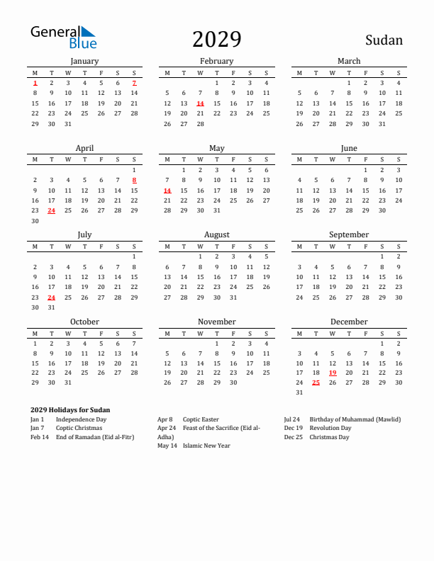 Sudan Holidays Calendar for 2029