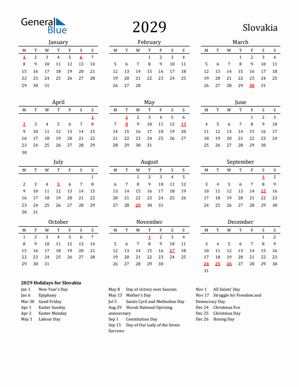 Slovakia Holidays Calendar for 2029