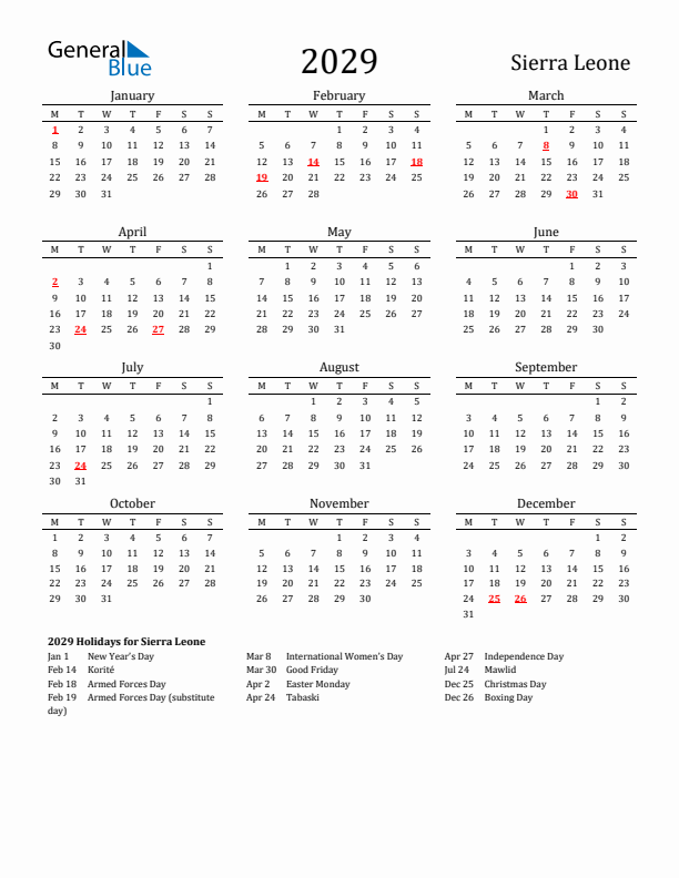 Sierra Leone Holidays Calendar for 2029