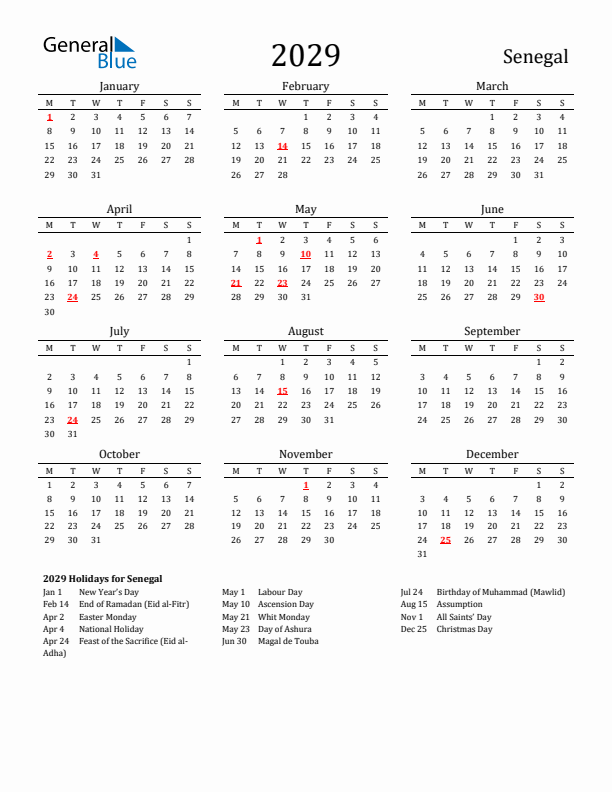 Senegal Holidays Calendar for 2029