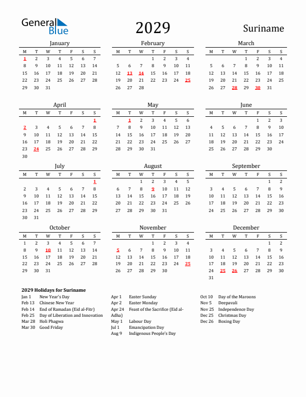 Suriname Holidays Calendar for 2029