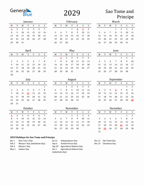 Sao Tome and Principe Holidays Calendar for 2029