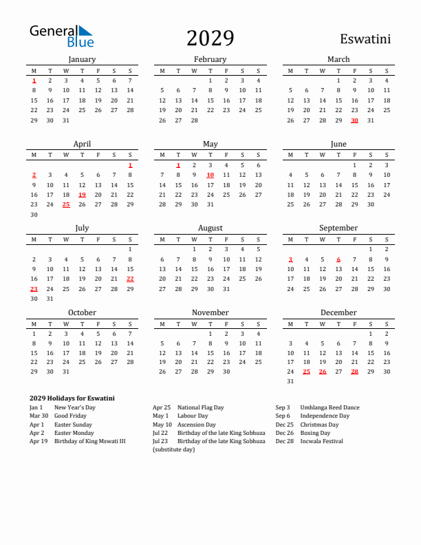 Eswatini Holidays Calendar for 2029