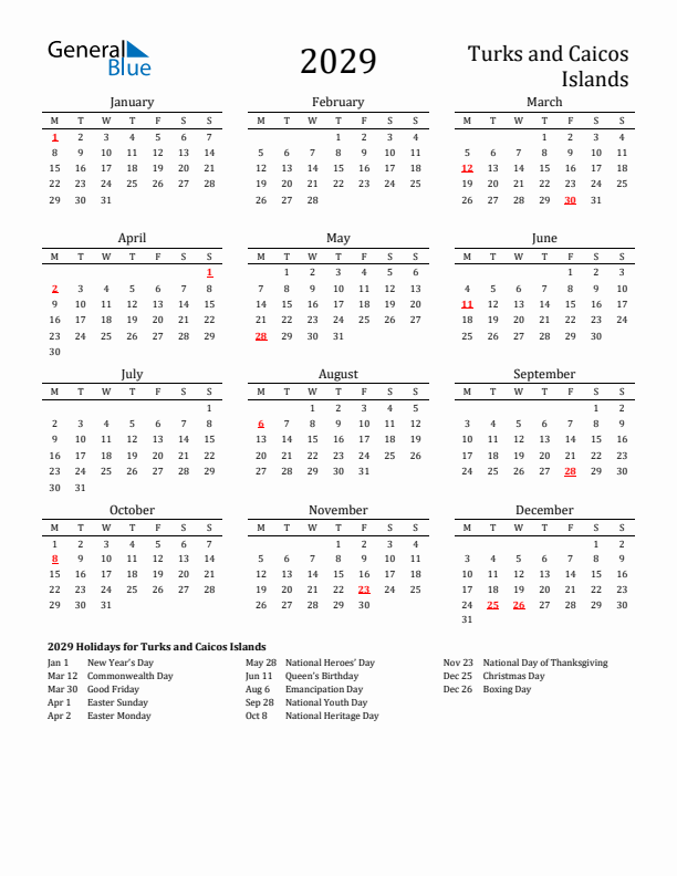 Turks and Caicos Islands Holidays Calendar for 2029