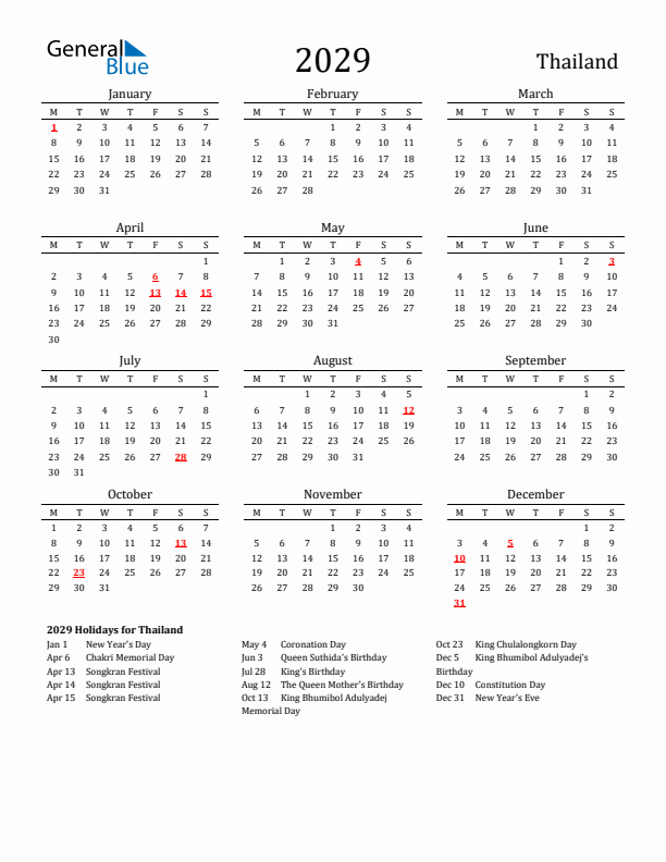 Thailand Holidays Calendar for 2029