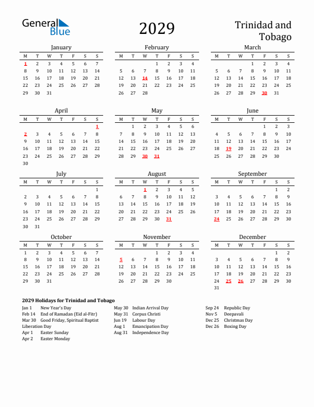 Trinidad and Tobago Holidays Calendar for 2029