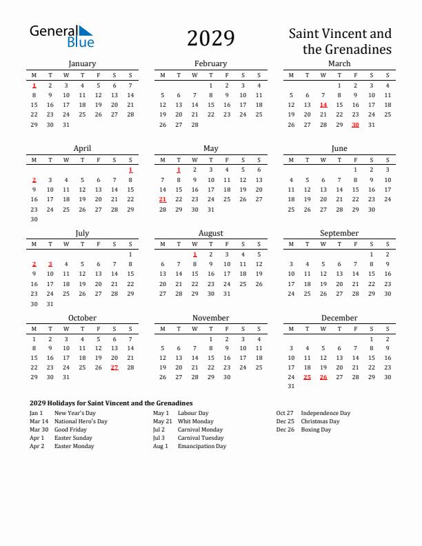 Saint Vincent and the Grenadines Holidays Calendar for 2029