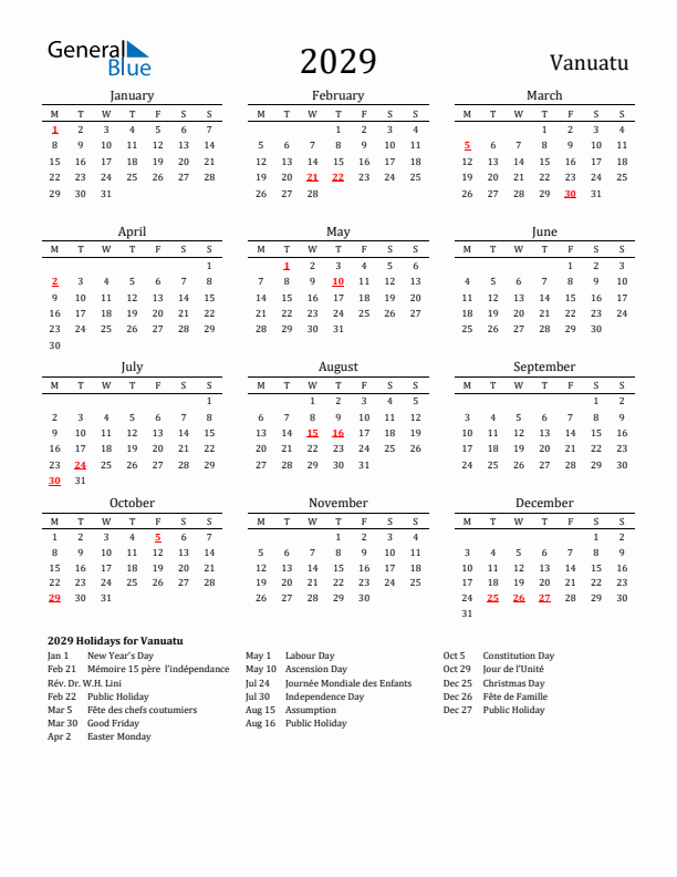 Vanuatu Holidays Calendar for 2029