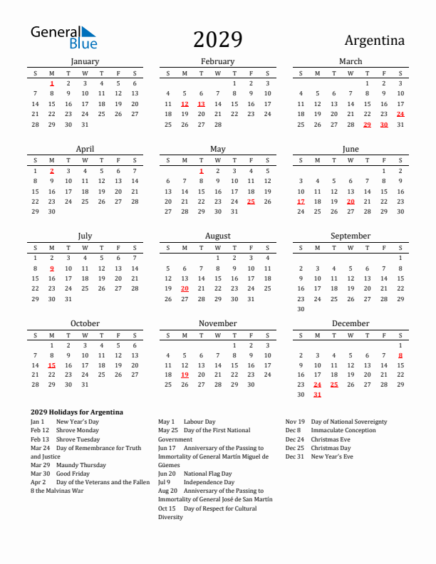 Argentina Holidays Calendar for 2029