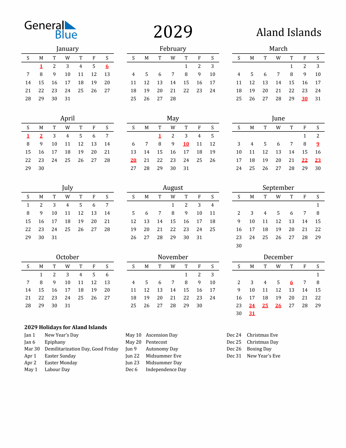 Aland Islands Holidays Calendar for 2029