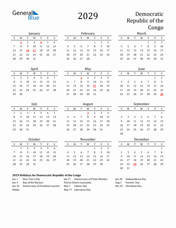 Democratic Republic of the Congo Holidays Calendar for 2029