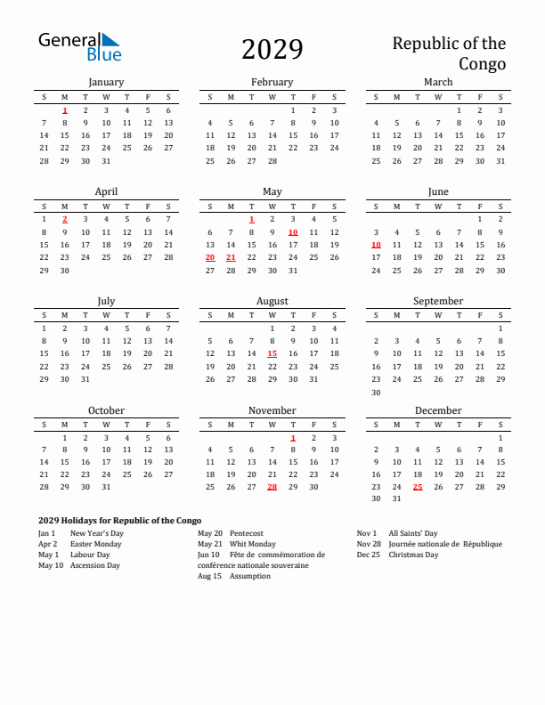 Republic of the Congo Holidays Calendar for 2029
